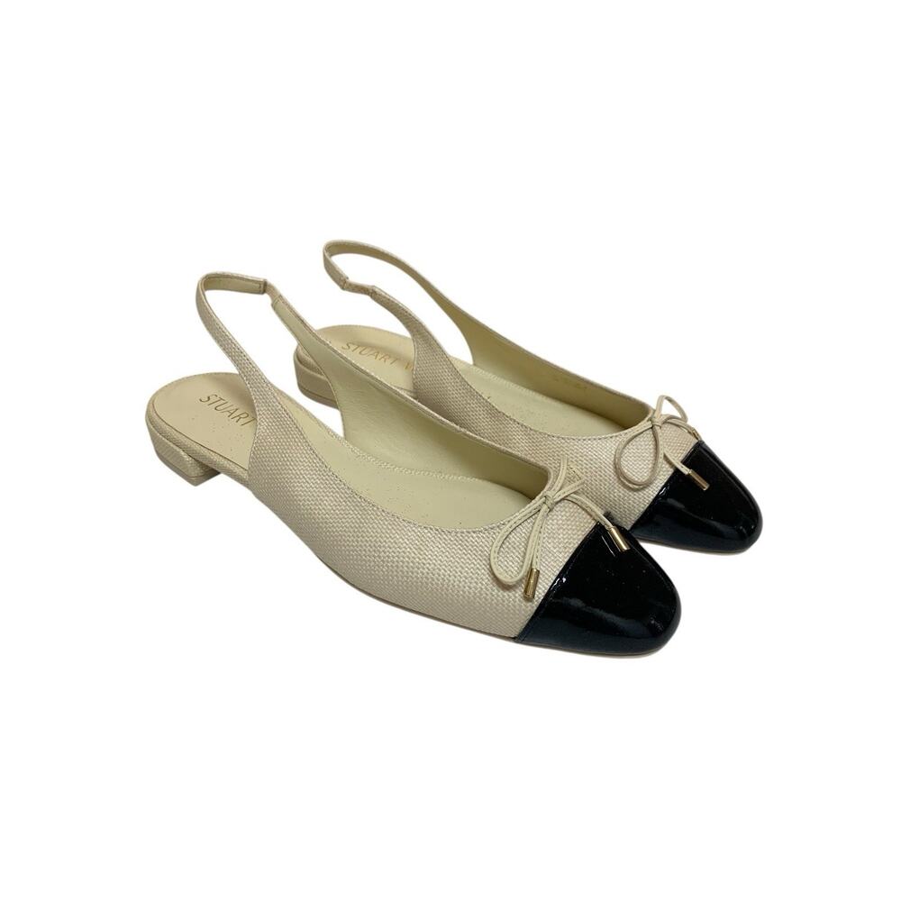 Stuart‎ Weitzman Sleek Bow Slingback Flat Beige Linen Black Cap Toe 10 B NEW